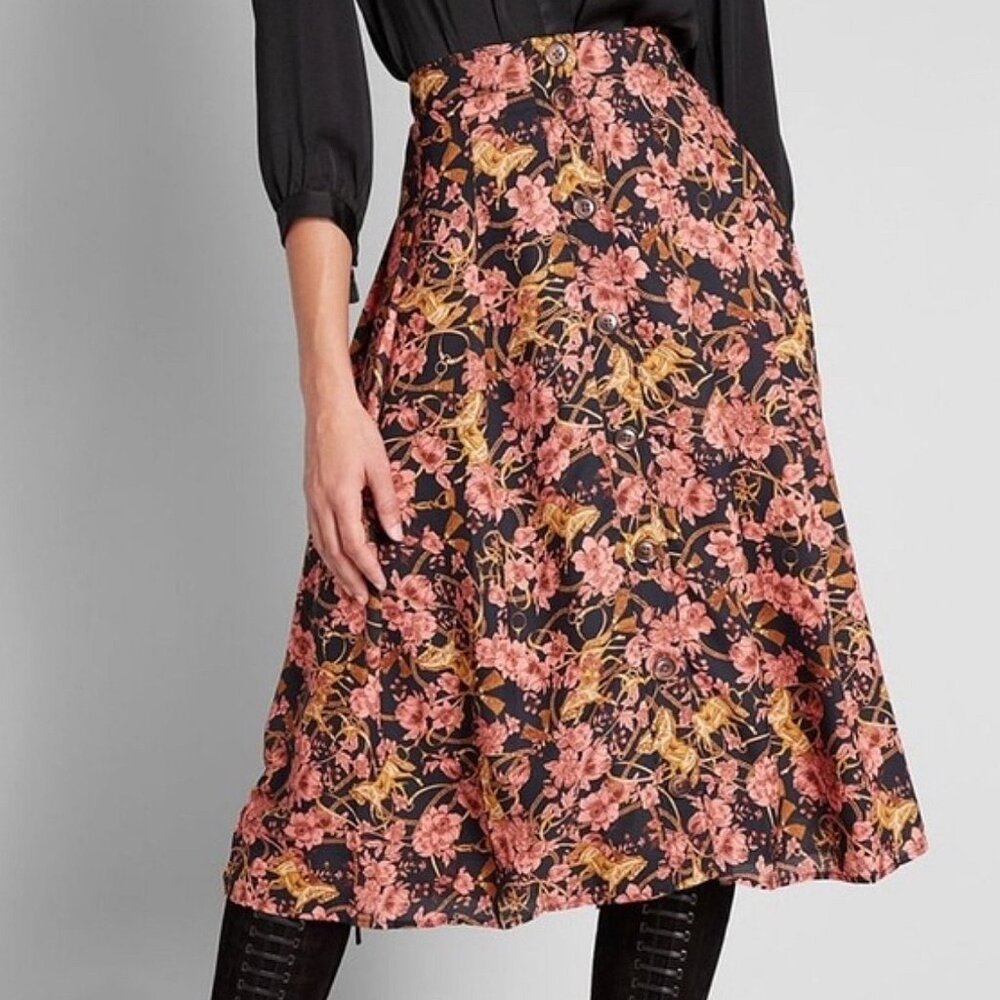 ModCloth Carousel Horse Floral Print Button-down A-Line Midi Skirt - Size 6